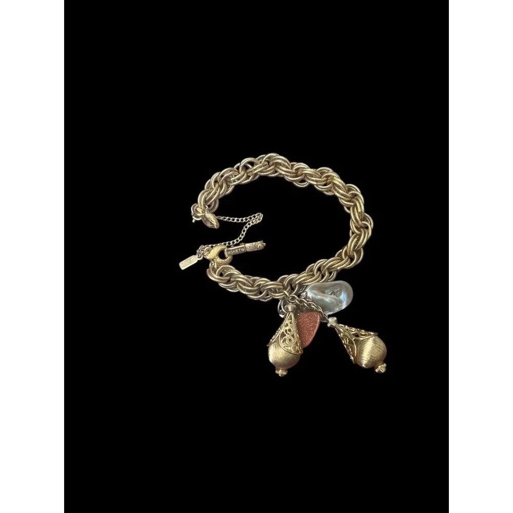 Vintage Monet Gold-Plated Charm Bracelet With Pearl & Textured Accents - Picture 2 of 4